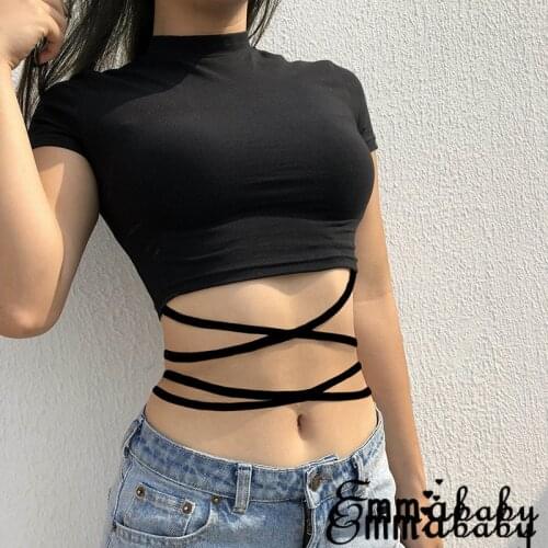 Women Sexy Bnadage Crop Tops Summer Short Sleeve High Neck Black Short T-Shirts Short Sleeve Bandage Tee Tops Female Shirts