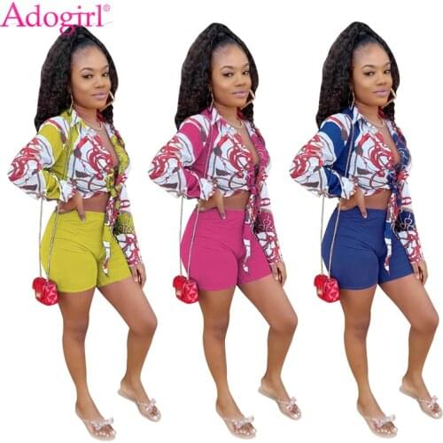 Adogirl Women Casual Two Piece Set Fashion Print Long Sleeve Shirt Crop Top Solid Shorts Suit S-XXL Women Outfits Tracksuit