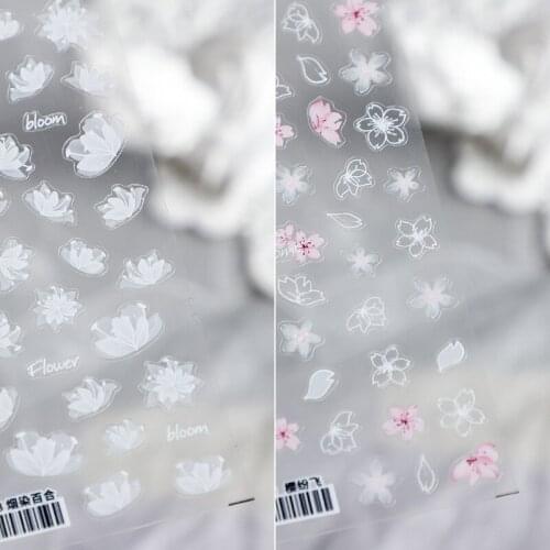 1 Sheet 5D Nail Sticker White Pink Lily Flower Nail Sticker Thin Tough Nail Stickers Thin Transparent Adhesive Nail Decoration