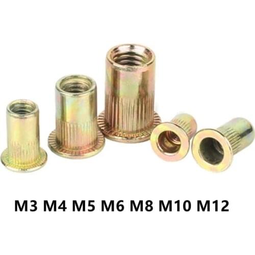 10/20PCS M3 M4 M5 M6 M8 M10 M12 Zinc Plated Carbon Steel Knurled Nuts Rivet Nut Flat Head Threaded Rivet Insert Nutsert Cap