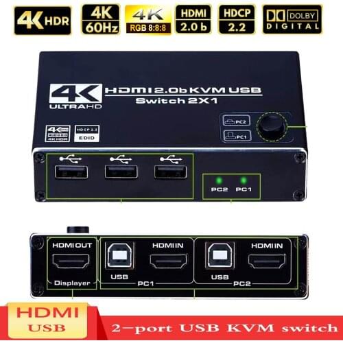 2 Port HDMI USB KVM 4K Switcher Splitter 4K @ 60Hz RGB/YUV 8:8:8HDR HDMI 2.0 Switcher 2X1for Sharing Printer Keyboard Mouse