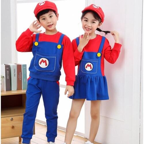 2021 HOT Clothes Super Marios Childrens Bib Dress Luigi Cosplay Costume Anime Family Set Boys Girls Kids Gifts