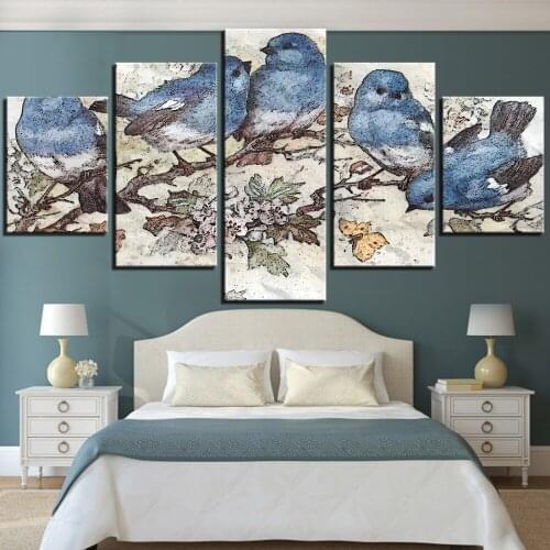 5 Pieces Blue Birds Canvas Wall Art Oil Painting Animals Poster Modern Chinese Style Pictures For Bedroom Improvement Decor