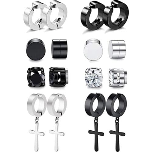 8 Pairs Magnetic Stud Earrings for Men Women Stainless Steel Hoop Cross Non Piercing Fake Gauges Earring Black CZ Magnet Earring