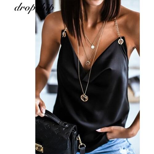 Satin Sexy Halter Top Women 2020 Summer Chain Backless Solid Womens Clothes Tank Tops Party Club Outfit Plus Size Cami