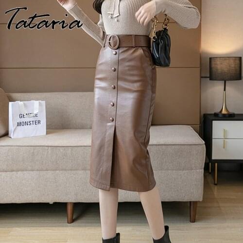 Black PU Faux Leather Skirt with Belt Women 2021 Midi Sexy Bodycon Split Skirts Khaki High Waist Office Pencil Skirt Knee Length