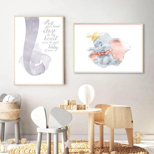 Watercolor Baby Flying Elephan Art Canvas Painting Picture Cartoon Quote Nursery Elephant Poster Print Baby Room Wall Art Decor