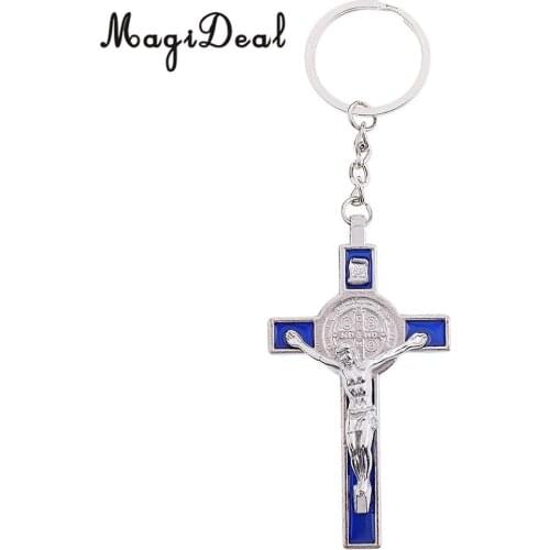 Crucifix Jesus Christ Cross Statue Figurine Keyring Car Home Chapel Decor Silver Blue