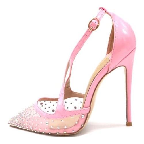 Moraima Snc Fashion Baby Pink Leather High Heel Shoes Sexy Pointed Toe Crystal Party Dress Heels Cross-tied Thin Heels Pumps