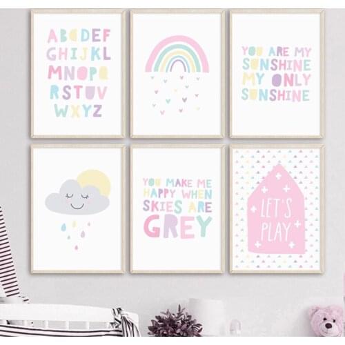 Abstract Cartoon Rainbow Cloud House Alphabet Nordic Posters And Prints Wall Art Canvas Painting Wall Pictures Kids Room Decor