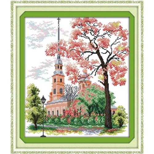 The village church cross stitch kit flowers buildig pictures 11ct cotton thread canvas embroidery DIY handmade needlework qf