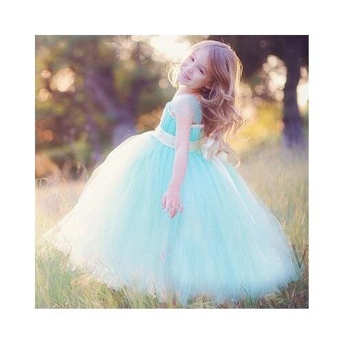 New Retail Girls Blue Long Tutus Dress Kids Fluffy Tulle Princess Wedding Flower Dress with Satin Bow Waist Children Party Tutus
