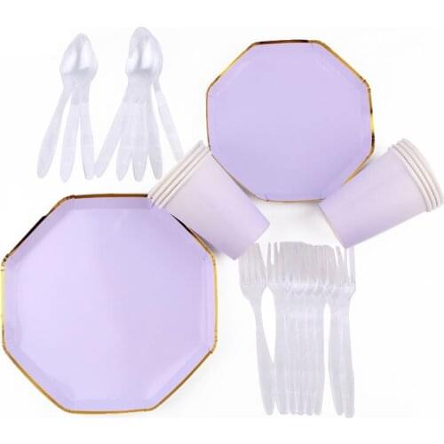 40Pc/Set Eight Sides Solid Purple Theme Disposable Tableware Birthday Decoration Baby Shower Cup Plate Tablecloth Party Supplies