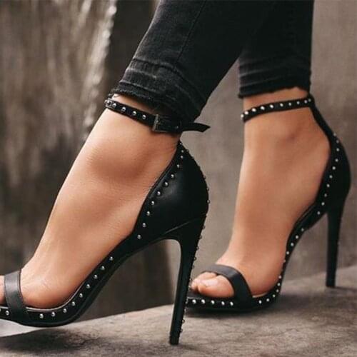 Black Woman Sandals Solid Buckle Strap High Thin Heels Female Rivet Large Size 12 16 Ladies Summer Casual Fashion Shoes Shofoo