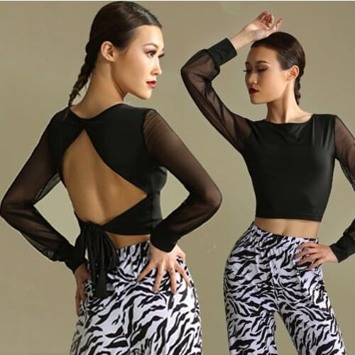 Sexy Latin Dance Tops Backless Mesh Black Dancing Blouse Cha Cha Rumba Samba Ballroom Dance Clothes Practice Wear Shirt BL5512
