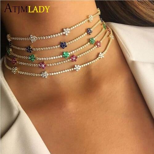 Top quality summer gorgeous jewelry minimal rainbow flower charm green red orange white colorful cz tennis choker layer necklac