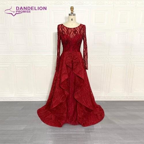Dubai Muslim Wine Red Luxury Evening Dresses For Women 2021 Long Sleeve A-Line Beading Crystal Formal Party Gowns