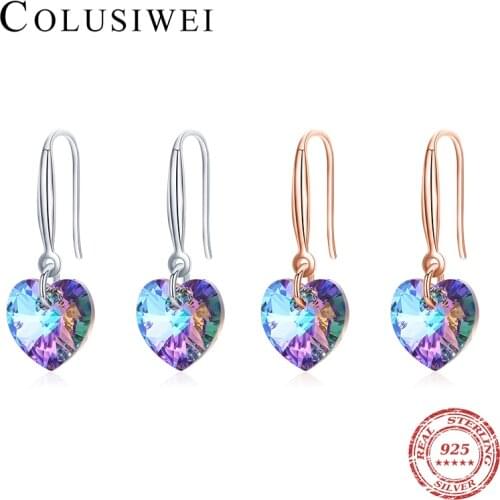 Colusiwei Rainbow Crystal Heart Drop Earrings Real 925 Sterling Silver Dangle Earrings For Women Wedding Anniversary Jewelry