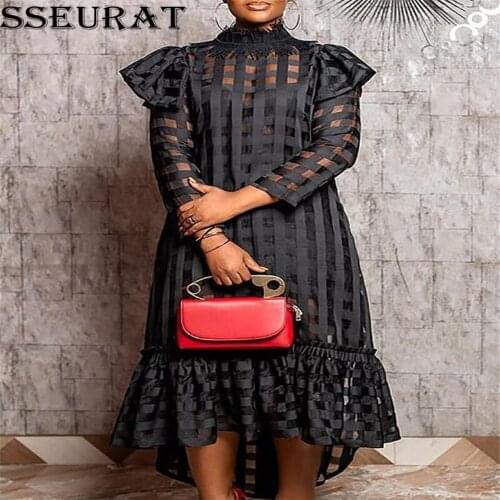 SSEURAT Women Long Black Dress Cover See Though Plaid Maxi Dresses Long Sleeve Summer Fall Fashion Street Party Club Outfits
