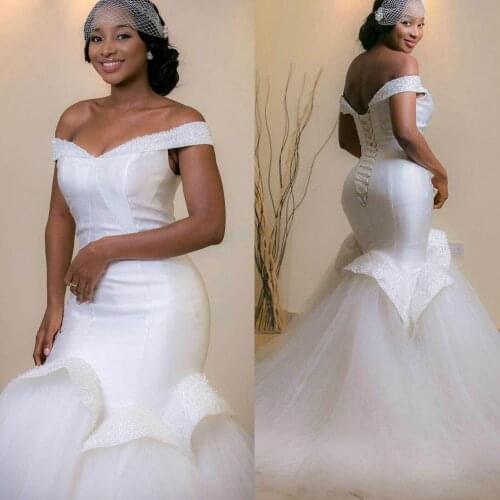 Elegant Off Shoulder Mermaid Wedding Dresses 2020 Ruffle Sleeveless Beads Arab Bridal Dress Sweep Train Lace Up Wedding Gowns