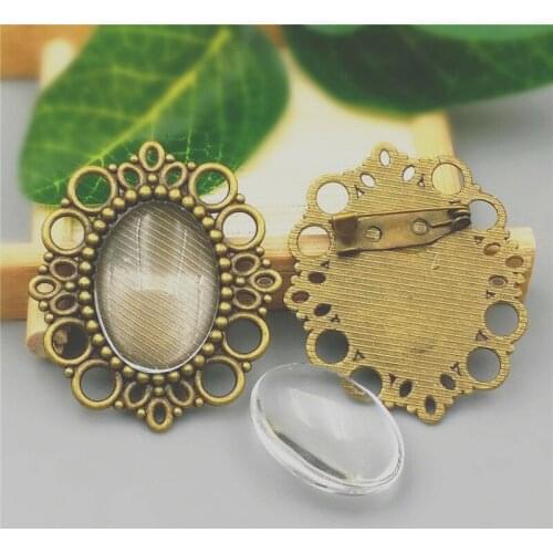 10sets/lot Antique Bronze Alloy (Fit 18*25mm Dia) Filigree Brooch oval Cabochon Brooch Pendant Setting+clear glass beads A1014