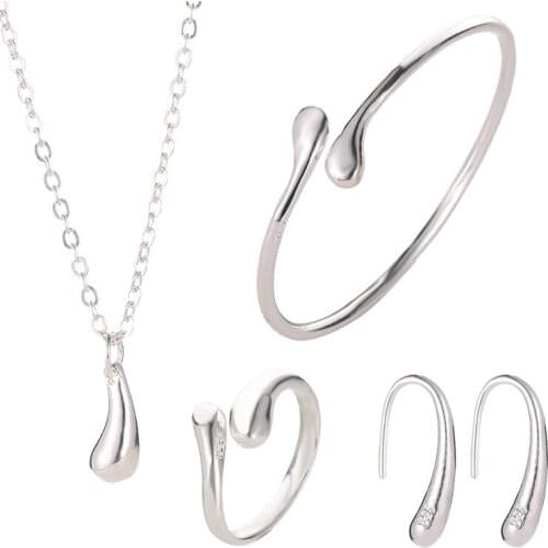 4 Pcs/Set Exquisite Open Bangle Drop-Shaped Necklace Special Designed Ring Earrings Silver Plated Golden Jewelry Sets For Women