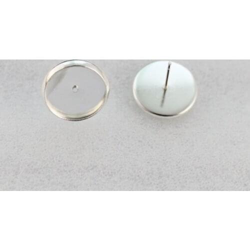 60PCS Bright Silver Color 16mm Round Cabochon Setting Earring Pin Studs #23150
