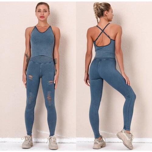 Seamless Quick Dry Breathable Yoga Set Hollow Stripe Sexy Fitness Set Women Vest Hip Push Up Leggings Suit Beauty Back Slim Set