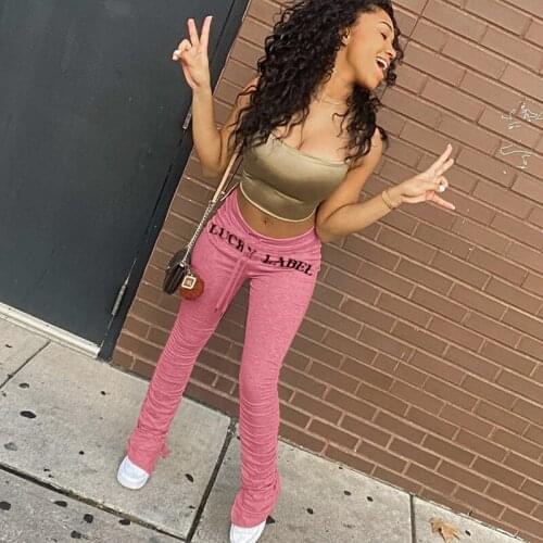 TNNAOFF Aesthetic Cotton Stacked Sweatpants for Womens Fashion Solid Elastic Skinny Y2k Trousers Mid Waist Streetwear Flare Pans