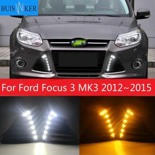 For Ford Focus 3 MK3 2012~2015 Daytime Running Light for Focus DRL LED Fog Lamp Cover With Yellow Turning Signal Functions
