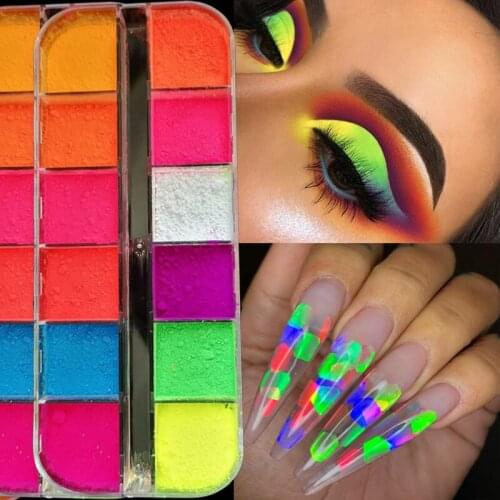 12 Colors Phosphor Mixed Neon Powder Eyeshadow Pallete Pigment Matte Mineral Spangle Nail Powder Cosmetics Makeup Eye Shadow Set
