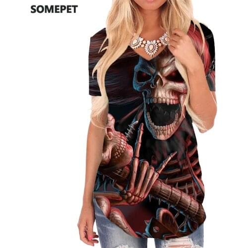SOMEPET Skull T-shirt women Skeleton V-neck Tshirt Hip Hop Tshirts Printed Punk Shirt Print Rock Funny T shirts Womens Clothing