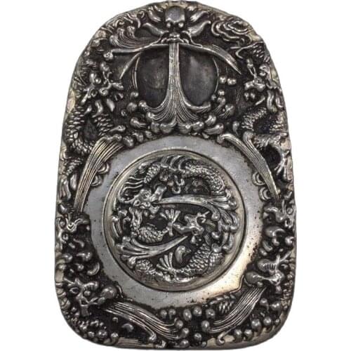 Chinese Tibetan Silver Relief Yungang Grottoes Inkstone Plate With Silver The Double Dragon Inkstone