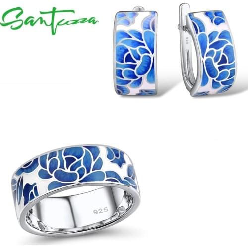 SANTUZZA Silver Jewelry Set for Women Pure 925 Sterling Silver Blue Flower Enamel Earrings Ring Set Trendy Fine Jewelry Handmade