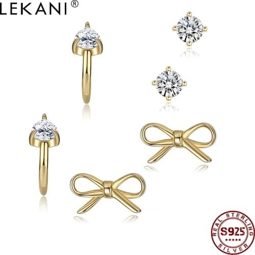 LEKANI 925 Sterling Silver Jewelry Cute Bow-Knot Tiny Earrings For Women Girl Clear CZ Gold Color Studs Earring Sets Hot Sale
