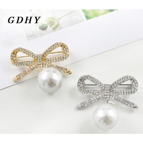 GDHY Fashion Bowknot Pearl Pendant Brooch For Women Full Rhinestone Zircon Bowknot Jewelry Elegant Wedding Dress Hijab Jewelry