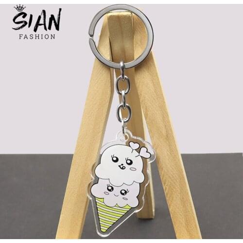 Fashion Ice Cream Cat Dog Kitten Puppy Cone Kawaii Acrylic Keychain Cute Two-Sided Car Keyring Unisex Jewelry Accessories Gifts