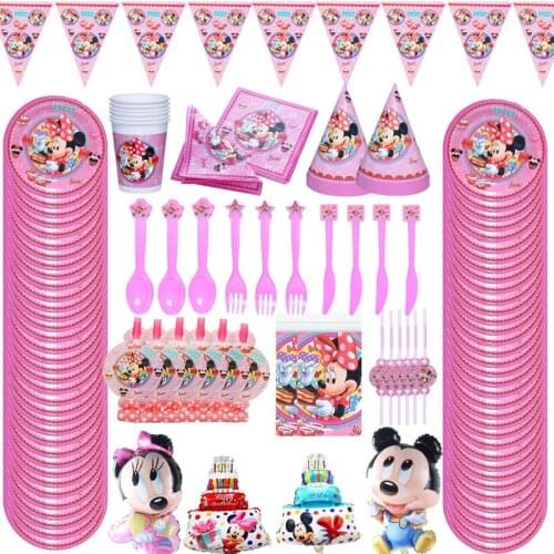 New Disney Minnie Mouse Theme Child Favor Birthday Pack Event Party Decoration Cup Plate Baby Shower Disposable Tableware Supply