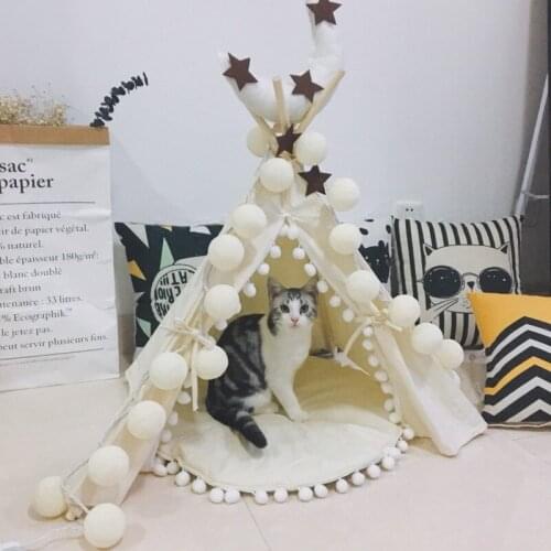2021 New Kawaii White Pompom Dog Tents Warm Durable Cat Nest Pet Triangle Tent Folding Cat House Cat House for Home Dog Pet Cat