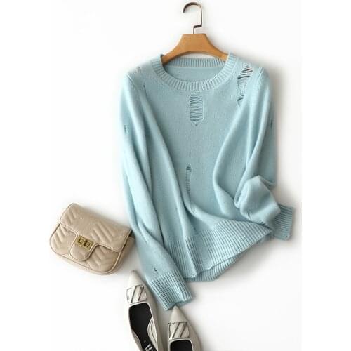 New 100% Pure Cashmere Sweater Womens Leisure Sweater Hole 2021 Spring/Autumn Solid Casual O-Neck Womens Knit Pullover