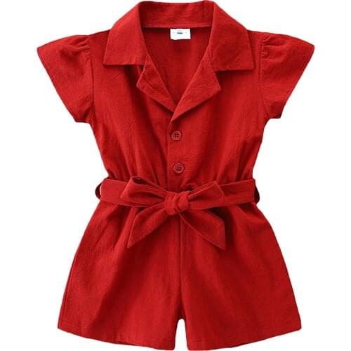 New Girl’s Casual Cap Sleeve Jumpsuit Fashion Solid Color Button down Bandage Short Pants Outfits