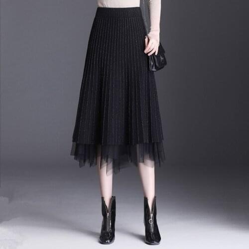 2021 Autumn Winter Women Solid Knitted Skirt Lady Thick Warm Elastic High Waist Pleated Skirt Female Vintage Mesh Faldas Q218