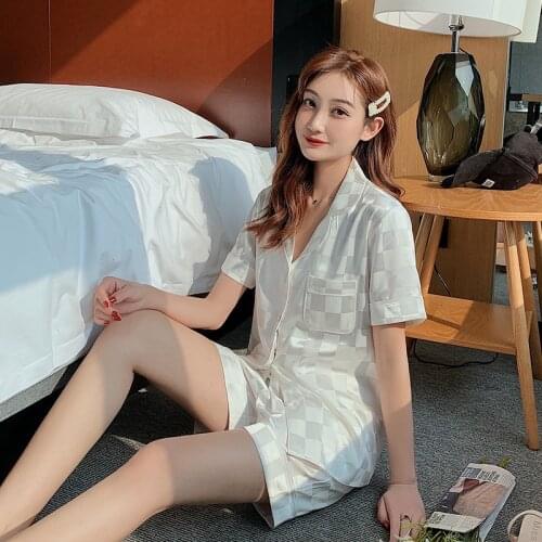Summer Women Pajamas Short-sleeved Shorts Loungewear Casual Thin Sleepwear Plaid Lapel Nightwear Satin 2 Piece Home Clothing