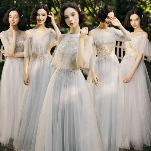 Bridesmaids Dress Illusion Off The Shoulder Floor-Length Luxury Gray Embroidery O-Neck A-Line Tulle Lady Wedding Party Gown E162