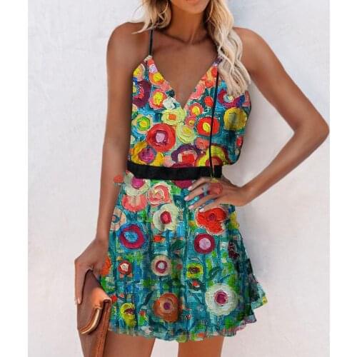 Boho Dress Summer Women Floral Print Sleeveless Sling Dress V-neck Beach Mini Dresses Casual Holiday Sundress Vestidos De Verano