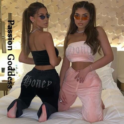 Casual Sexy Women 2 Piece Rhinestone Sets Tracksuit Hot Drilling Tube Top Rhinestone Drawstring Straight Pants Two Piece Outfits