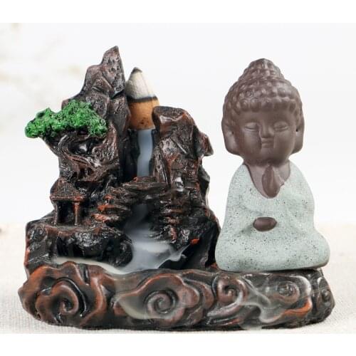 10 Incense Cones + Rockery Buddhism Waterfall Incense Burner Buddha Monk Bullet Blackflow Incense Cone Aroma Smoke Censer Crafts