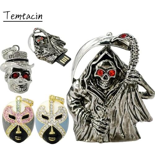 Metal Skeleton Head Skull Pen Drive 16GB 32GB 64GB 128GB 256GB Death Skull Shape USB 2.0 Flash Drive Pendrive Memory Stick Disk