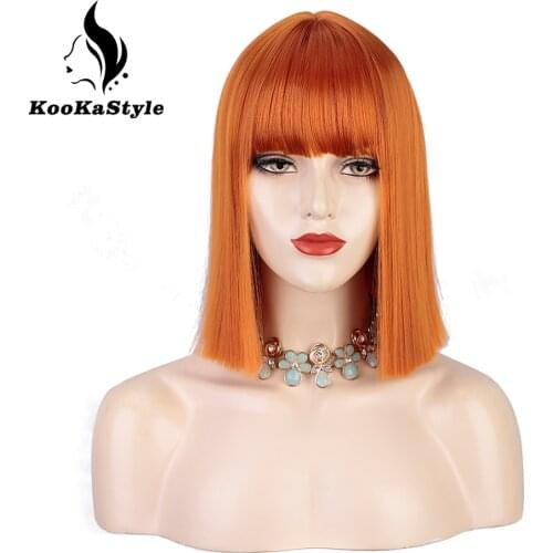 KooKaStyle Synthetic Wigs Short Straight Bob Wigs with Bangs Orange Wigs Pink Blonde Color for Women Heat Resistant Cosplay