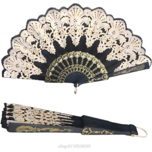 Black Spanish Style Dance Party Wedding Lace Silk Folding Hand Held Flower Fan J18 21 Dropship